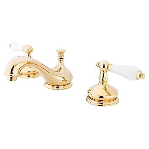  Kingston Brass KS1162PL Heritage Widespread Lavatory Faucet with Porcelain Lever Handle, Polished Brass,8-Inch Adjustable Center