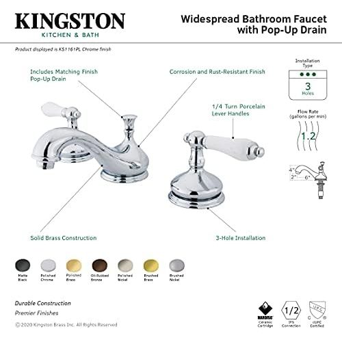  Kingston Brass KS1162PL Heritage Widespread Lavatory Faucet with Porcelain Lever Handle, Polished Brass,8-Inch Adjustable Center