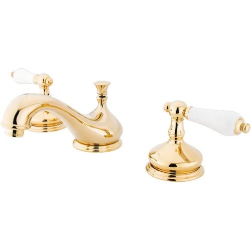  Kingston Brass KS1162PL Heritage Widespread Lavatory Faucet with Porcelain Lever Handle, Polished Brass,8-Inch Adjustable Center