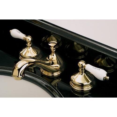  Kingston Brass KS1162PL Heritage Widespread Lavatory Faucet with Porcelain Lever Handle, Polished Brass,8-Inch Adjustable Center