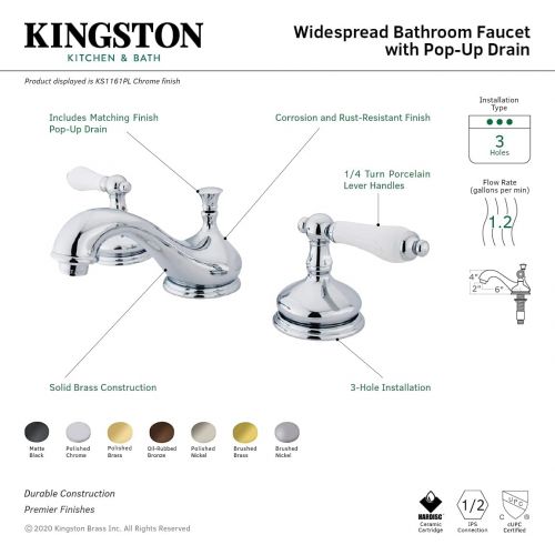  Kingston Brass KS1162PL Heritage Widespread Lavatory Faucet with Porcelain Lever Handle, Polished Brass,8-Inch Adjustable Center