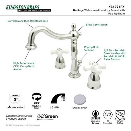  Kingston Brass KB1971PX Heritage Widespread Lavatory Faucet with Porcelain Cross Handle, Polished Chrome,8-Inch Adjustable Center