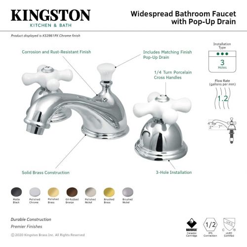  Kingston Brass KS3961PX Restoration Widespread Lavatory Faucet with Porcelain Cross Handle, Polished Chrome,8-Inch Adjustable Center