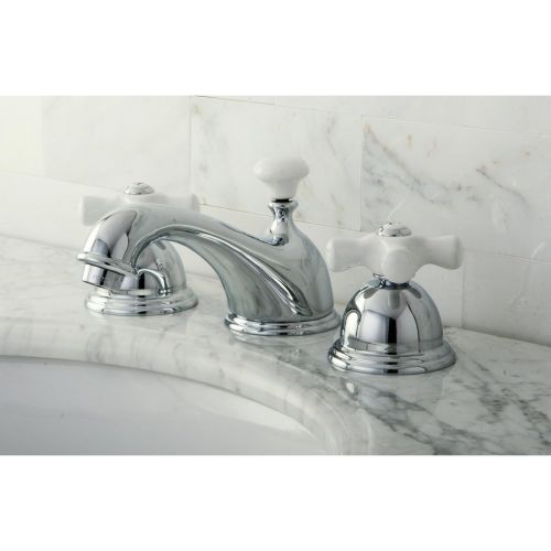  Kingston Brass KS3961PX Restoration Widespread Lavatory Faucet with Porcelain Cross Handle, Polished Chrome,8-Inch Adjustable Center