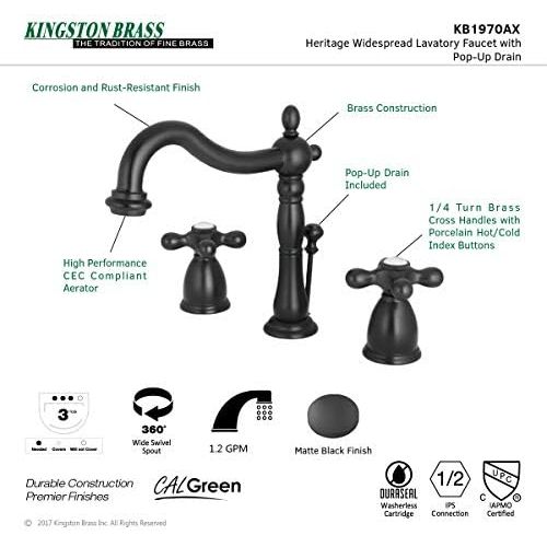  Kingston Brass KB1970AX Heritage 8 Widespread Lavatory Faucet with Brass Pop-Up, 6-1/2 in Spout Reach, Matte Black