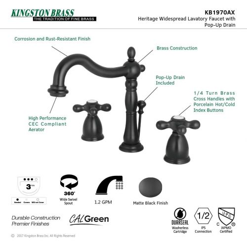  Kingston Brass KB1970AX Heritage 8 Widespread Lavatory Faucet with Brass Pop-Up, 6-1/2 in Spout Reach, Matte Black