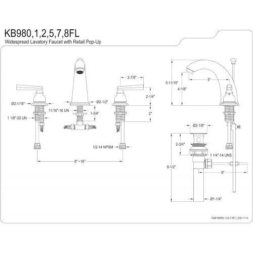  Kingston Brass KB982FL Royale Widespread Lavatory Faucet with Brass Pop-Up, Polished Brass,8-Inch Adjustable Center