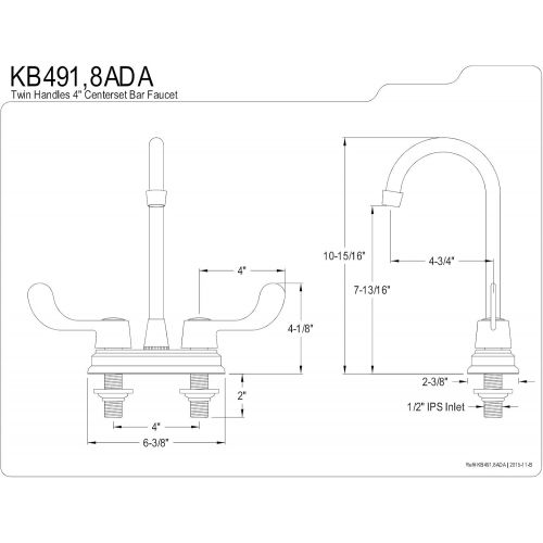  Kingston Brass 1062510 Magellan 4 Center Bar Faucet with Ada Blade Handle, 4-3/4, Polished Chrome