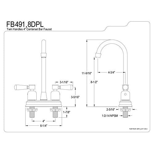  Kingston Brass FB498DPL Paris 4-Inch Center Set High-Arch Bar Faucet, Brushed Nickel