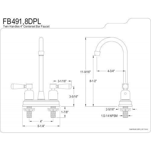  Kingston Brass FB498DPL Paris 4-Inch Center Set High-Arch Bar Faucet, Brushed Nickel