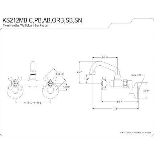  Kingston Brass KS212MB Kingston Two-Handle Wall Mount Bar Faucet, Matte Black