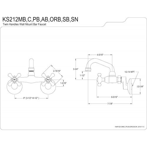  Kingston Brass KS212C Kingston Two-Handle Wall Mount Bar Faucet, Polished Chrome