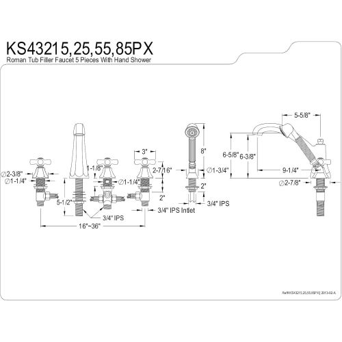  Kingston Brass KS43215PX Metropolitan Roman Tub Filler with Hand Shower and Porcelain Cross Handle, Polished Chrome, 5-Piece