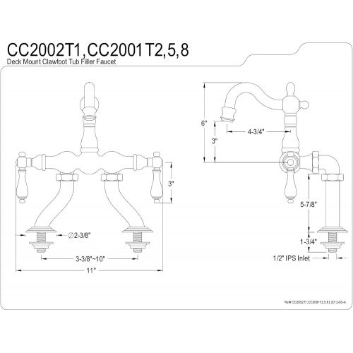  Kingston Brass CC2001T2 3-38-Inch to 10-Inch Adjustable Spread Deck Mount Vintage Leg Tub Filler with Handle Shower, Polished Brass