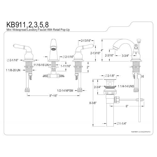  Kingston Brass KB918 Magellan II Mini Widespread Lavatory Faucet with Brass Pop-Up, Brushed Nickel