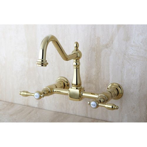  Kingston Brass KS1242TAL Tudor 8 Inch Center Kitchen Faucet Without Sprayer, Polished Brass, 8-1/2 inch in Spout Reach, Polished Brass