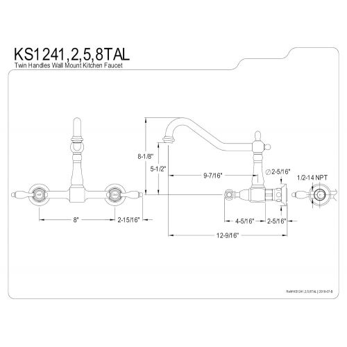  Kingston Brass KS1242TAL Tudor 8 Inch Center Kitchen Faucet Without Sprayer, Polished Brass, 8-1/2 inch in Spout Reach, Polished Brass