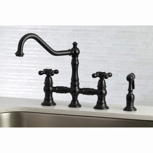  Kingston Brass KS3270AXBS Restoration 8-Inch Bridge Kitchen Faucet with Sprayer Matte Black