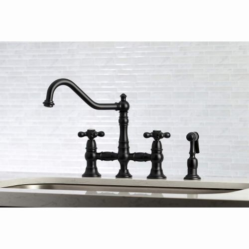  Kingston Brass KS3270AXBS Restoration 8-Inch Bridge Kitchen Faucet with Sprayer Matte Black