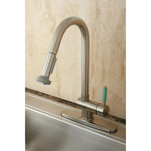  Kingston Brass GS8888DGL Green Eden Single Lever Handle Kitchen Faucet with Pull-Down Sprayer, Satin Nickel, 8-1/4 Spout Reach