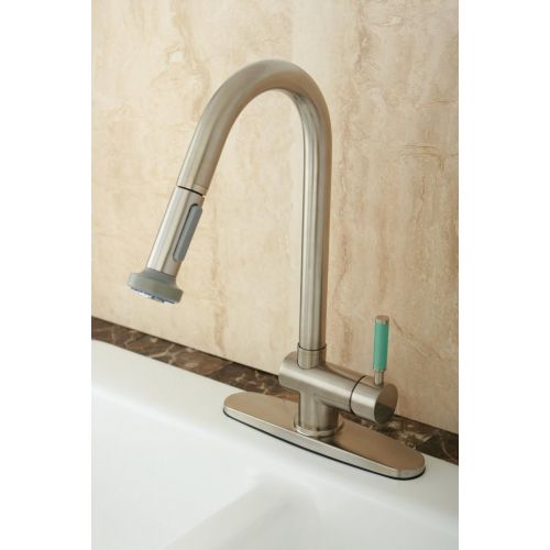  Kingston Brass GS8888DGL Green Eden Single Lever Handle Kitchen Faucet with Pull-Down Sprayer, Satin Nickel, 8-1/4 Spout Reach