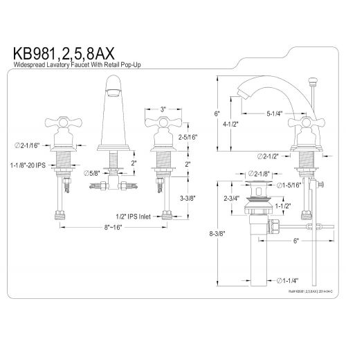  Kingston Brass KB988AX Victorian Widespread Lavatory Faucet with Metal cross handle, Brushed Nickel