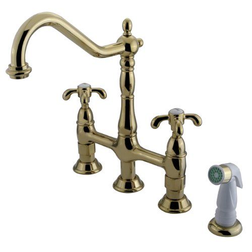  Kingston Brass KS1272TX French Country 8-Inch Centerset Kitchen Faucet with White Sprayer, Polished Brass