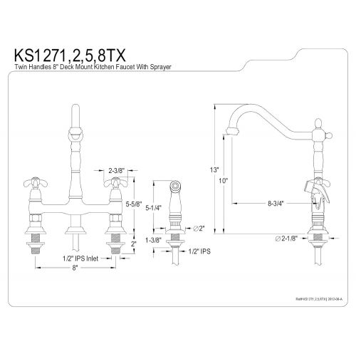  Kingston Brass KS1272TX French Country 8-Inch Centerset Kitchen Faucet with White Sprayer, Polished Brass