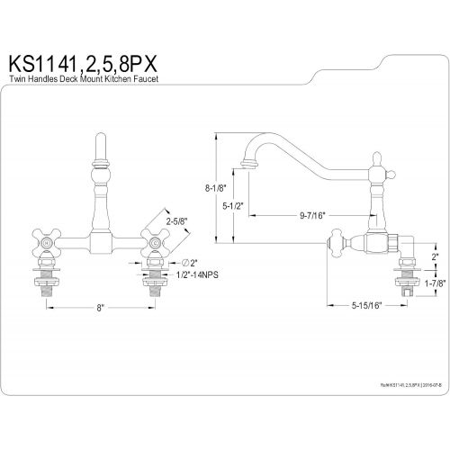  Kingston Brass KS1148PX Heritage Deck Mount Kitchen Faucet with 2 Riser, 8-3/4, Silver/Pewter