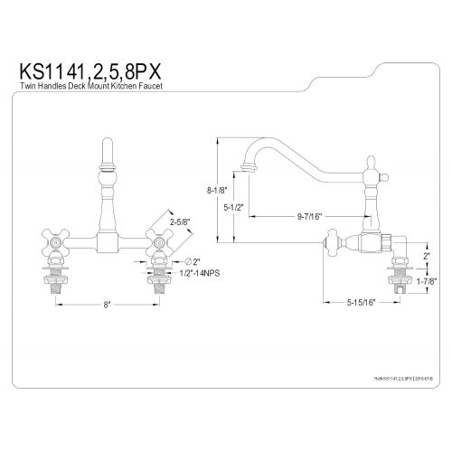  Kingston Brass KS1148PX Heritage Deck Mount Kitchen Faucet with 2 Riser, 8-3/4, Silver/Pewter