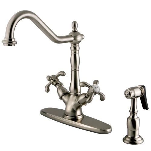  Kingston Brass KS1238TXBS French Country Deck Mount Kitchen Faucet with Brass Sprayer, Brushed Nickel