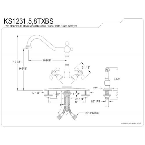  Kingston Brass KS1238TXBS French Country Deck Mount Kitchen Faucet with Brass Sprayer, Brushed Nickel