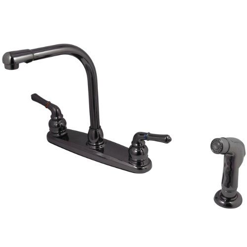  Kingston Brass NB750SP Water Onyx 8 inch Centerset Kitchen Faucet with Lever Handle and Matching Side Sprayer, Black Stainless Steel