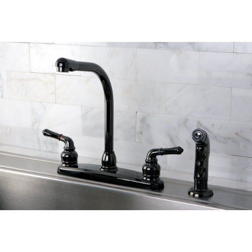  Kingston Brass NB750SP Water Onyx 8 inch Centerset Kitchen Faucet with Lever Handle and Matching Side Sprayer, Black Stainless Steel