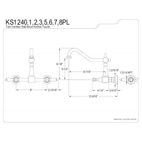  Kingston Brass KS1241PL Heritage Wall Mount Center Kitchen Faucet with Porcelain Lever Handle, 8-1/2, Brass/Antique Brass