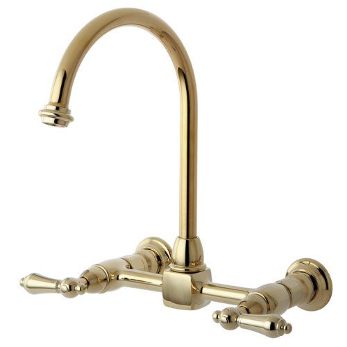  Kingston Brass KS1292AL Heritage Double Handle 8-Inch Center Wall Mounted Gooseneck Kitchen Faucet, Polished Brass