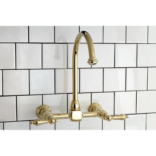  Kingston Brass KS1292AL Heritage Double Handle 8-Inch Center Wall Mounted Gooseneck Kitchen Faucet, Polished Brass