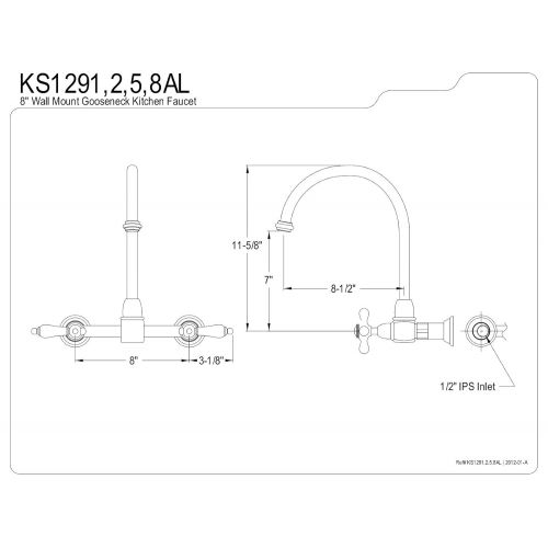  Kingston Brass KS1292AL Heritage Double Handle 8-Inch Center Wall Mounted Gooseneck Kitchen Faucet, Polished Brass