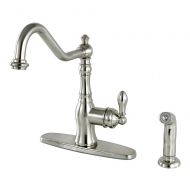 Kingston Brass Gourmetier GS7708ACLSP Single Handle Deck Mount Kitchen Faucet with L Spout Deck Plate Ceramic Cartridge with Side Spray Lever Handle, Satin Nickel