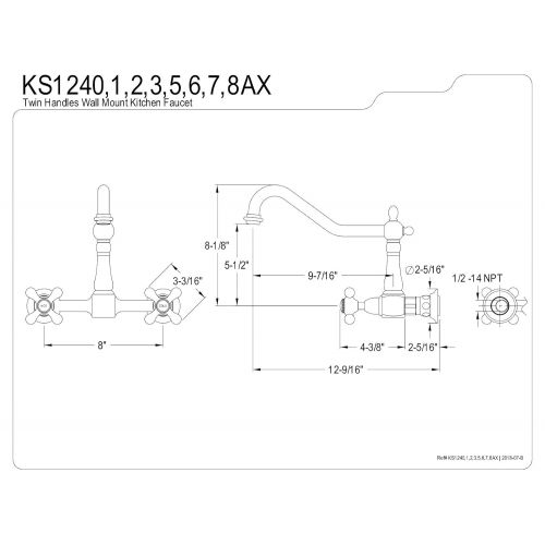  Kingston Brass KS1240AX Heritage 8 Center Kitchen Bridge Faucet 9-7/16 in Spout Reach Matte Black