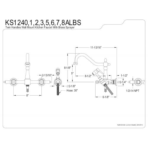  Kingston Brass KS1245ALBS Heritage Wall Mount Kitchen Faucet with Brass Sprayer, 8-1/2-Inch, Oil Rubbed Bronze