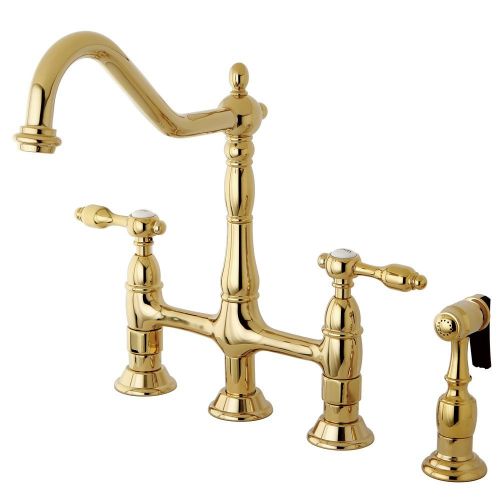  Kingston Brass KS1272TALBS Tudor 8 Inch Center Kitchen Faucet With Brass Sprayer, Polished Brass, 8-3/4 inch in Spout Reach, Polished Brass