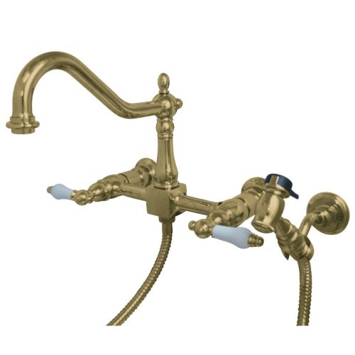  Kingston Brass KS1242PLBS Heritage Wall Mount Kitchen Faucet with Pl Handleand Brass Sprayer Polished