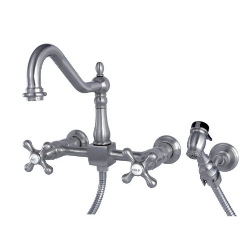  Kingston Brass KS1248AXBS Heritage Wall Mount Kitchen Faucet with Ax Handle and Brass Sprayer Satin Nickel