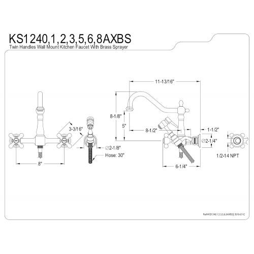  Kingston Brass KS1248AXBS Heritage Wall Mount Kitchen Faucet with Ax Handle and Brass Sprayer Satin Nickel