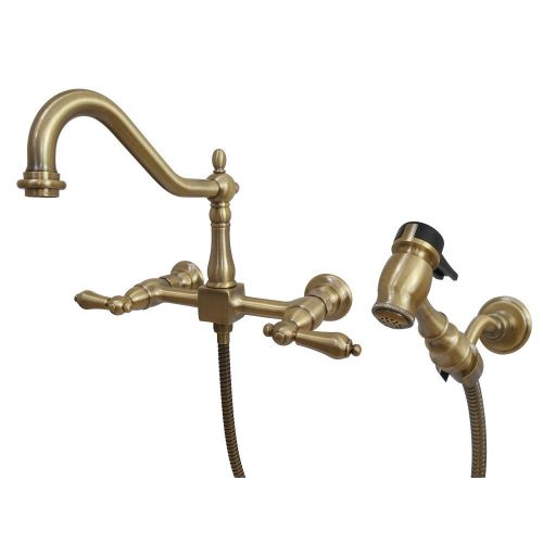  Kingston Brass KS1243ALBS Heritage 8-Inch Centerset Wall Mount Kitchen Faucet with Brass Sprayer 8-1/2 Inch in Spout Reach Vintage