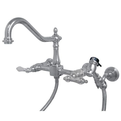  Kingston Brass KS1241ALBS 8 Inch Center Spread Wall Mounted Kitchen Faucet with Metal Side Sprayer, Polished chrome