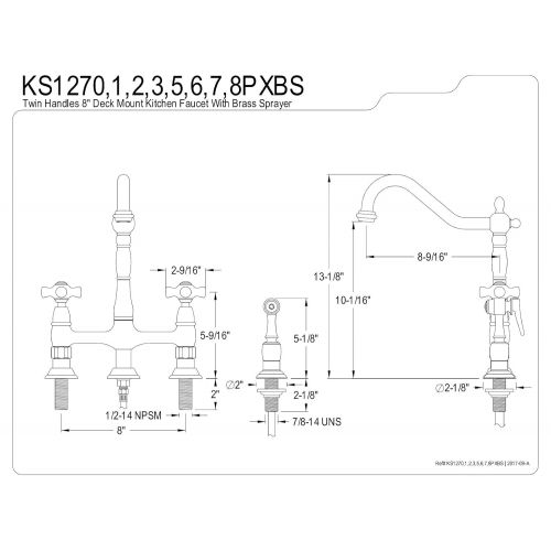  Kingston Brass KS1270PXBS Heritage Kitchen Bridge Faucet with Side Sprayer 8-9/16 in Spout Reach Matte Black
