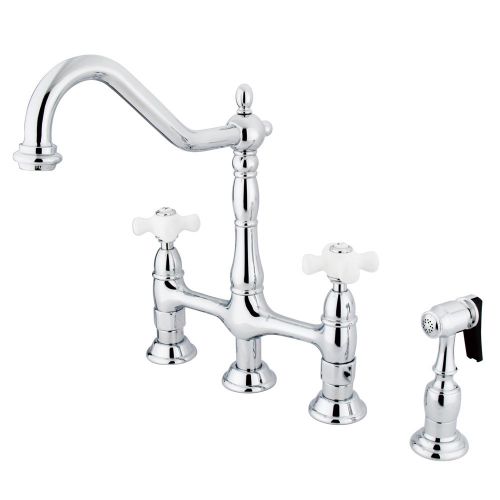  Kingston Brass KS1271PXBS 8-inch Center Heritage Two Handles Bridge Kitchen Faucet with Metal Side Sprayer, Polished Chrome