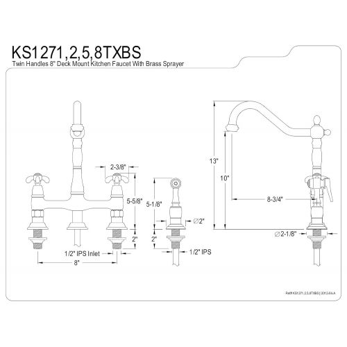  Kingston Brass KS1275TXBS French Country Kitchen Faucet with Brass Sprayer, 8-3/4-Inch